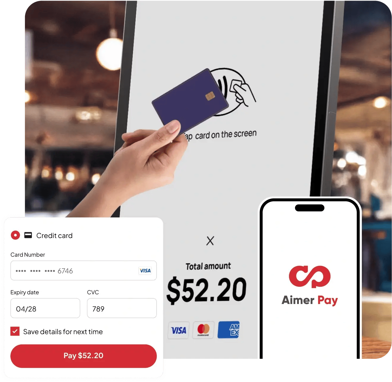 AimerPay official product visual showing in-store card payment, online checkout and the AimerPay app